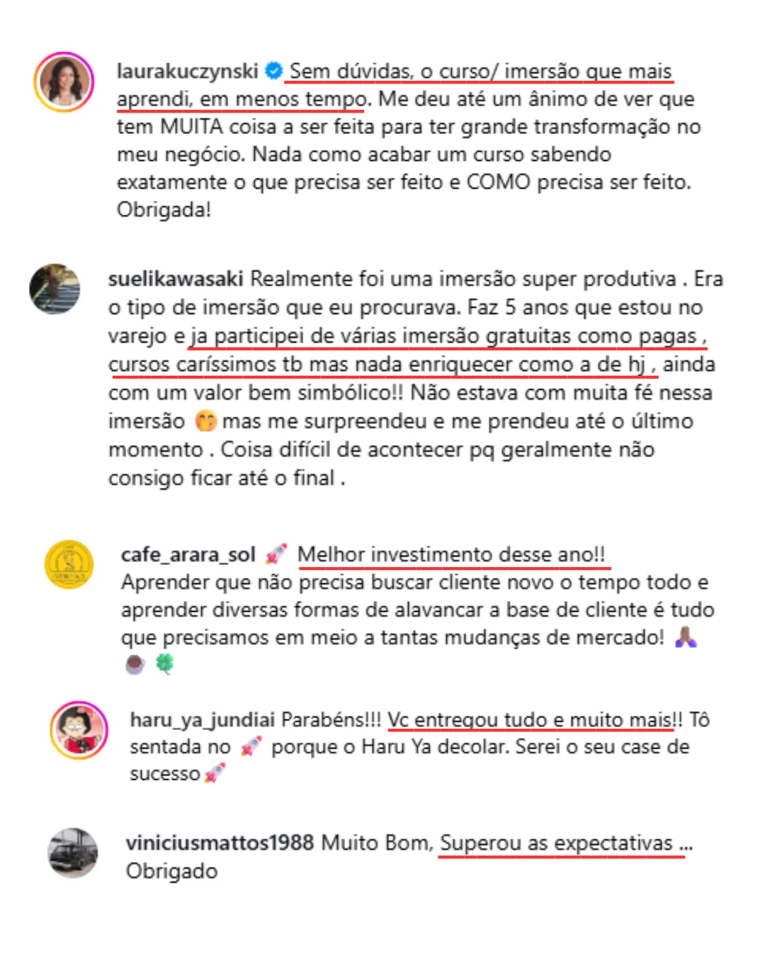 Comentários de participantes no Instagram
