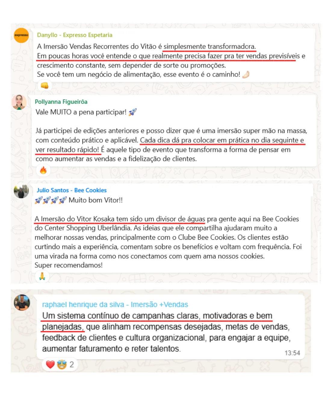 Depoimentos de alunos no WhatsApp